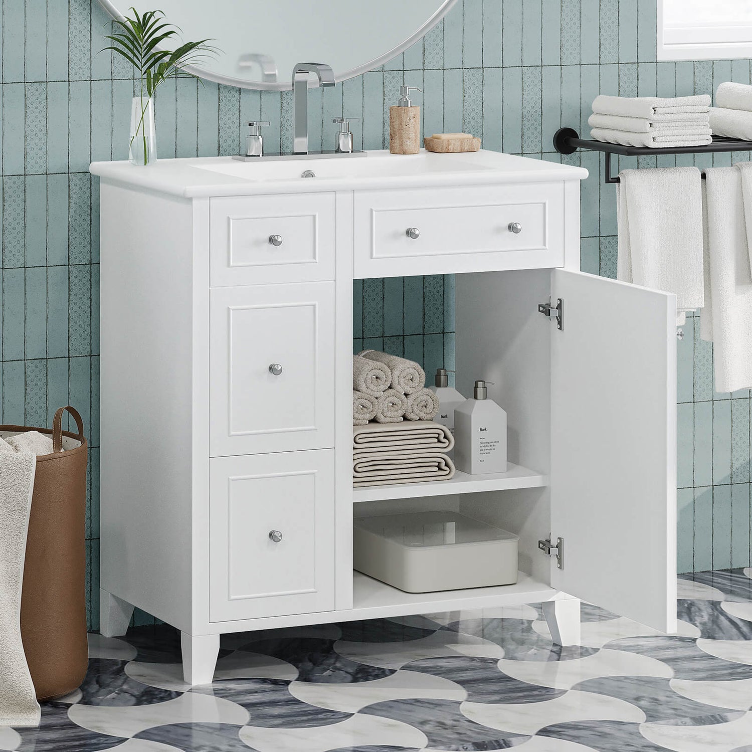 White bathroom vanity with spacious cabinet and modern design for small spaces