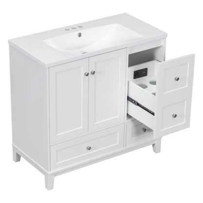 White bathroom vanity with custom-designed USB charging and storage