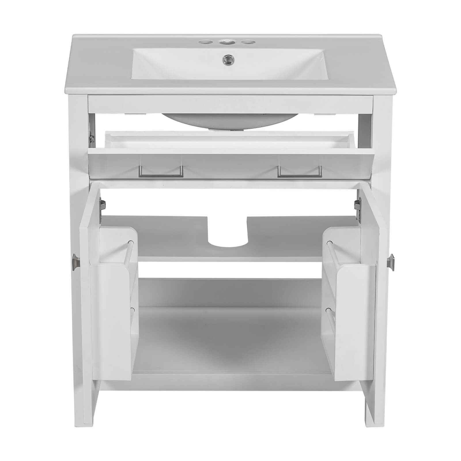 White bathroom vanity with multiple storage options and an undermount sink