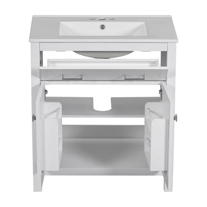 White bathroom vanity with multiple storage options and an undermount sink