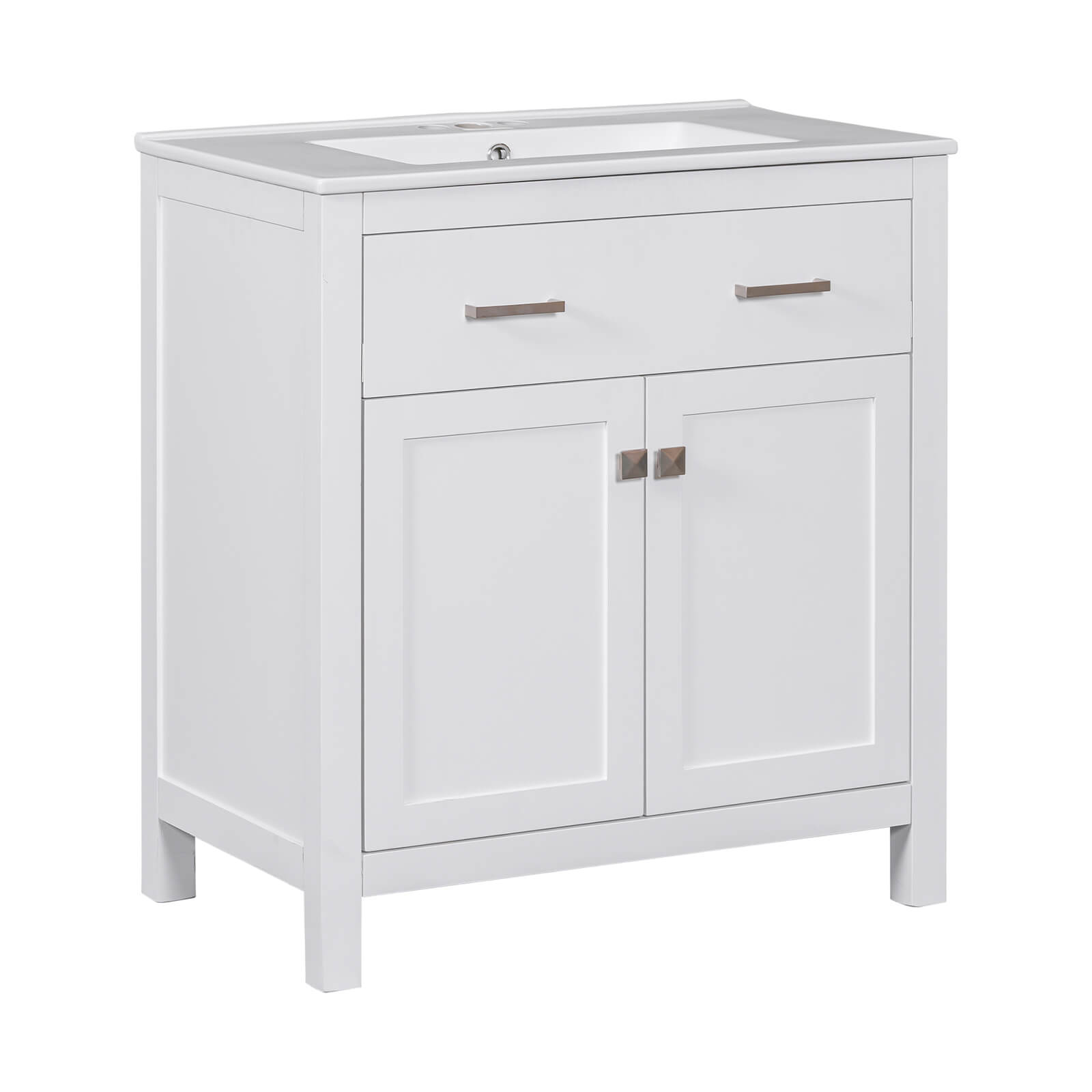 White bathroom vanity with practical storage solutions and sleek undermount sink