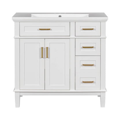 White bathroom vanity with soft-close door design