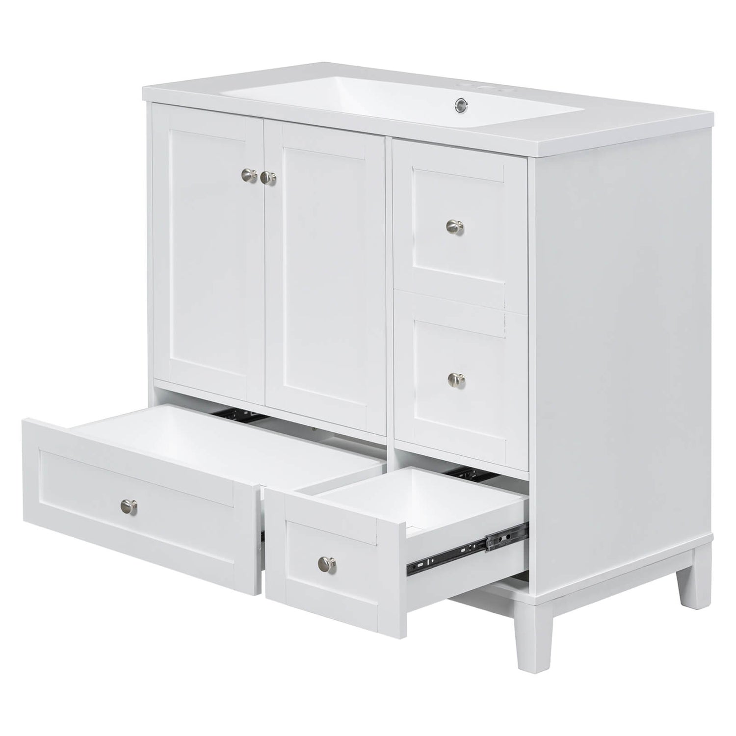 White bathroom vanity with solid wood base and USB ports