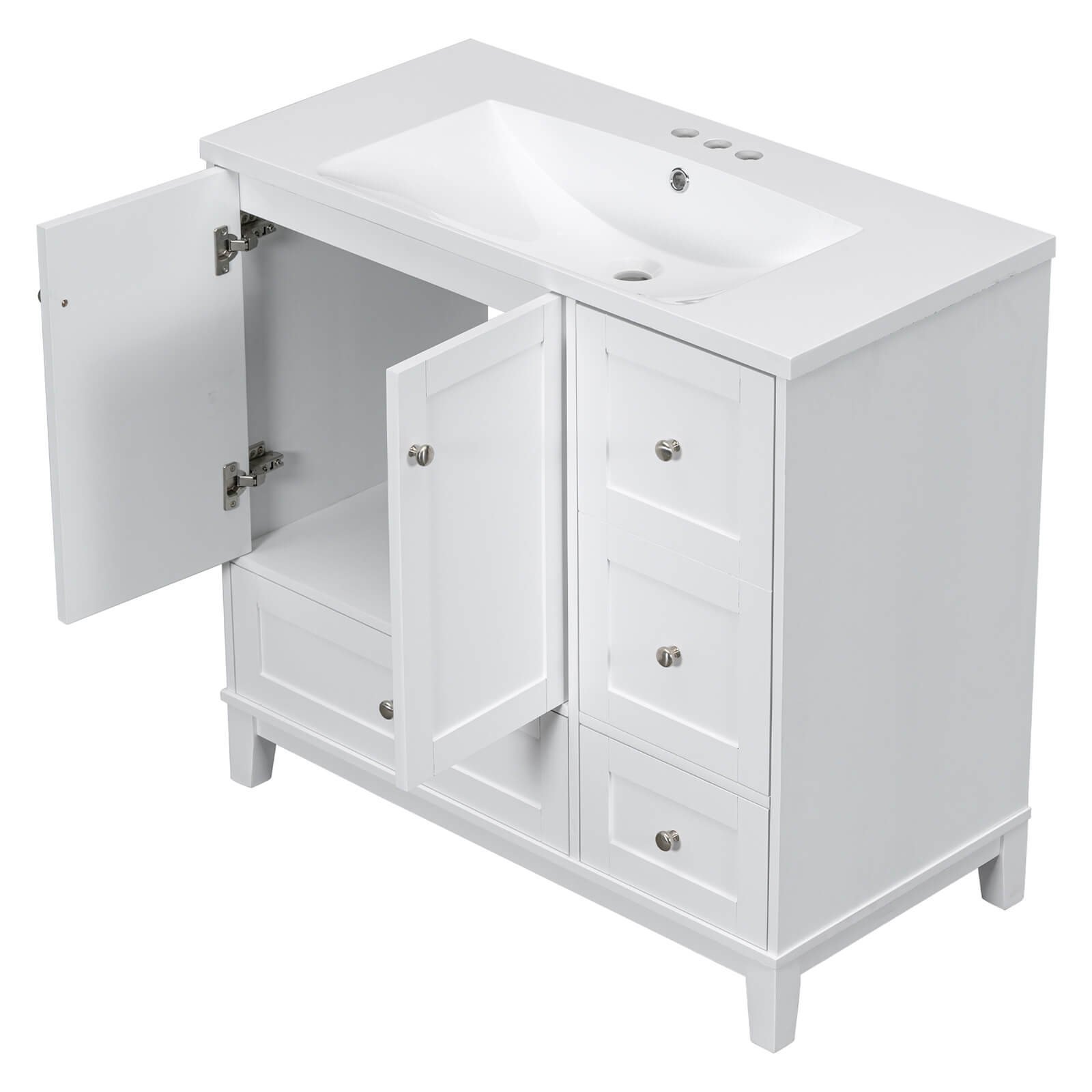 White vanity with ample storage and USB charging