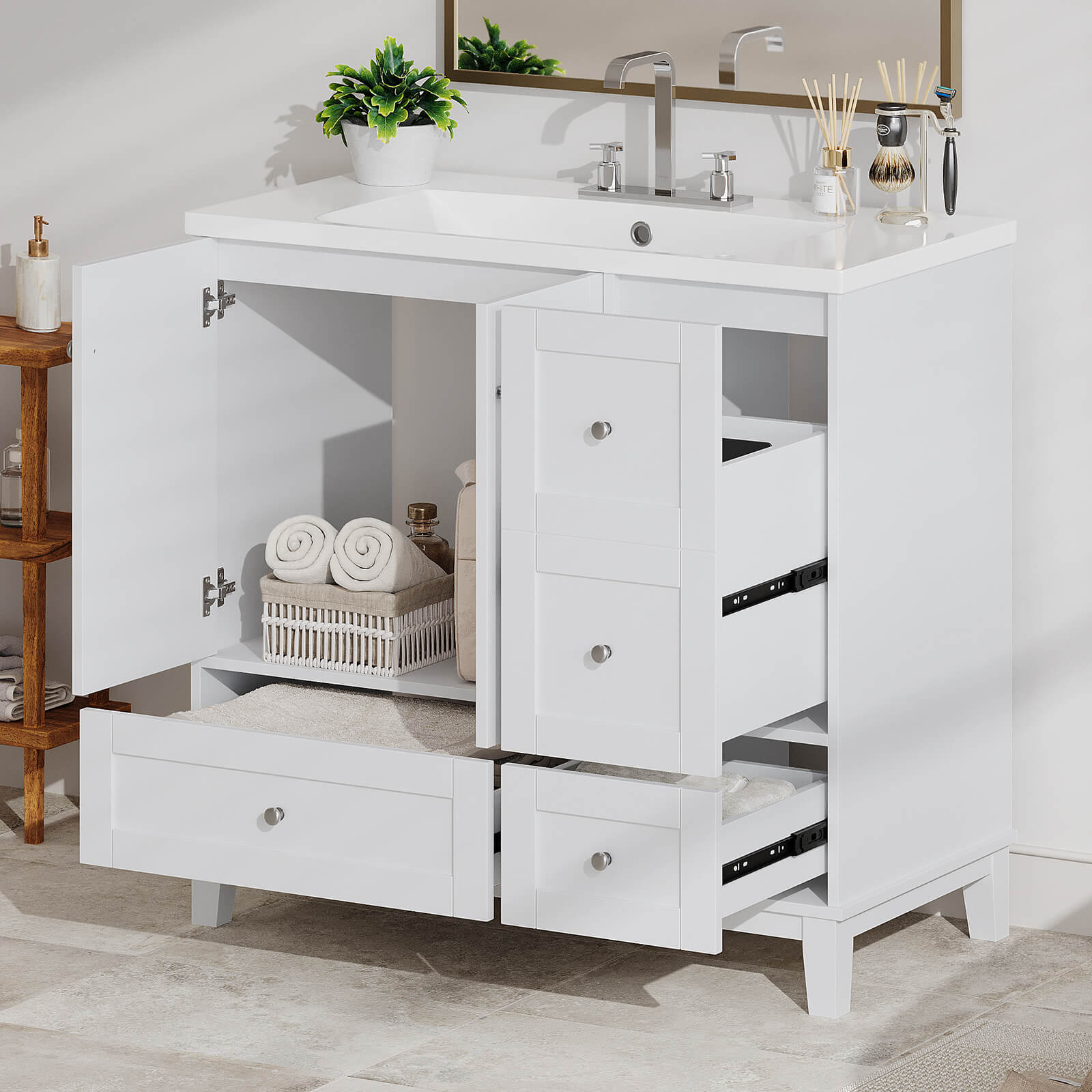 White vanity with built-in USB charging station