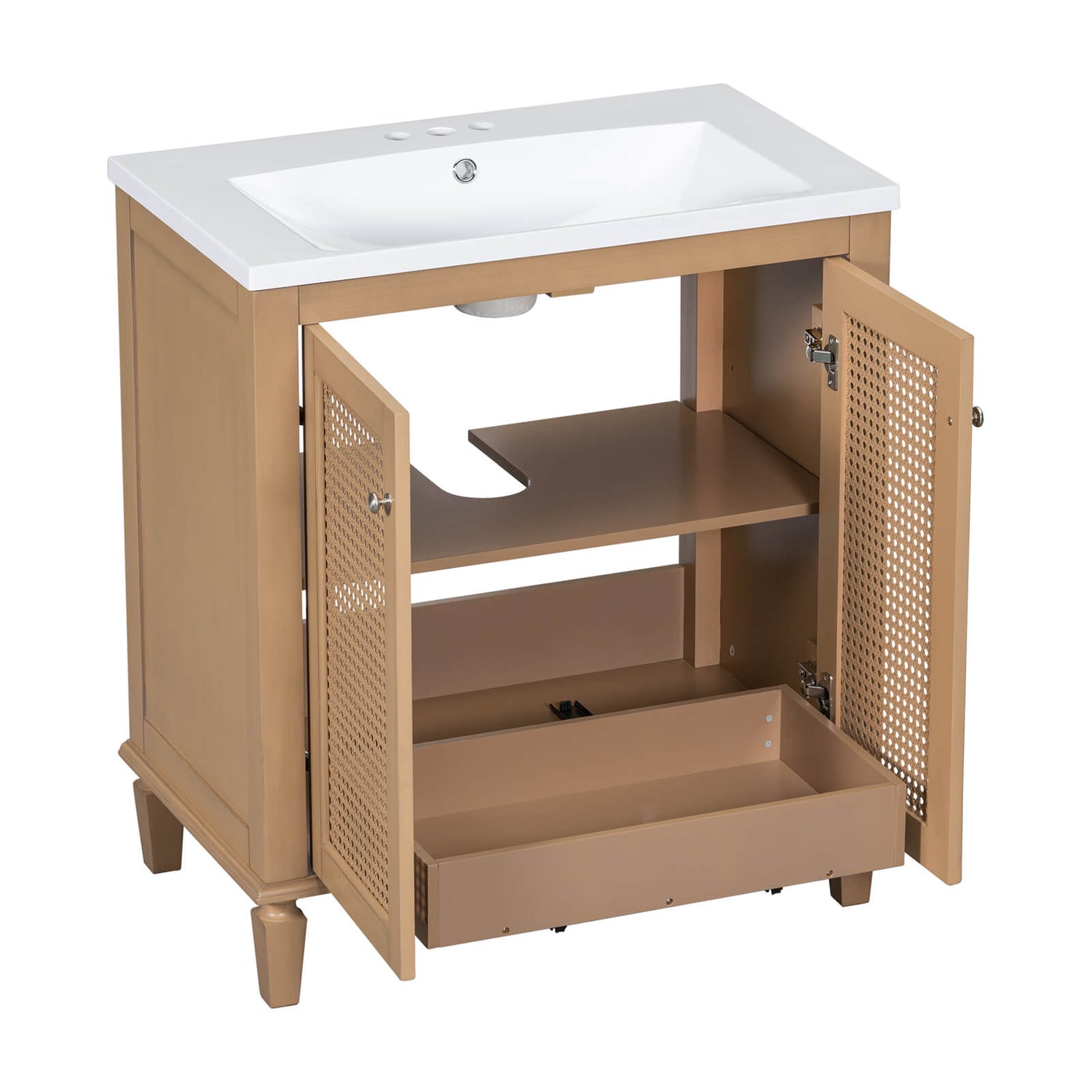 Wooden frame bathroom vanity with rattan doors and hidden storage