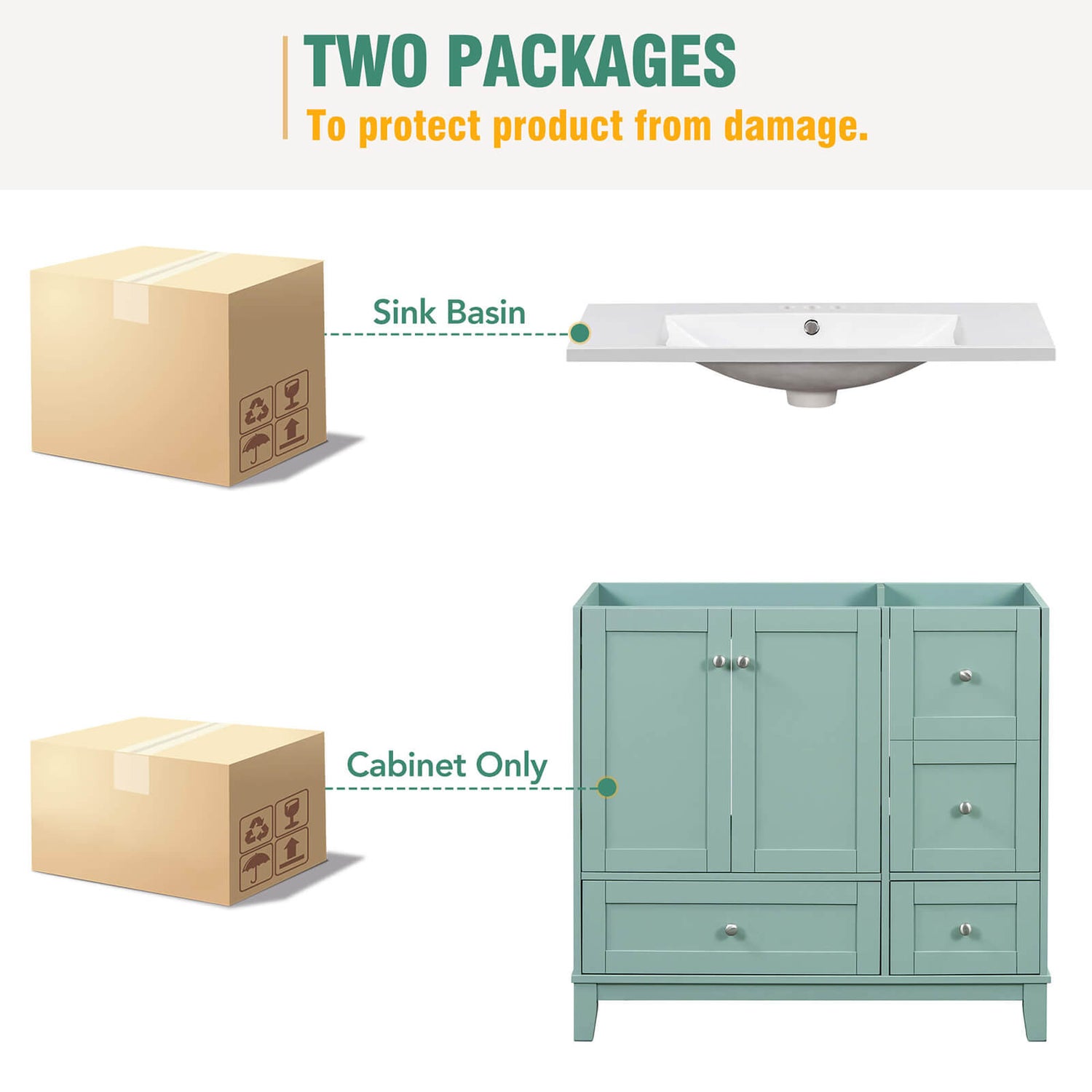 Wrap image of 36 inch Mint Green Bathroom Vanity with Integrated USB Charging