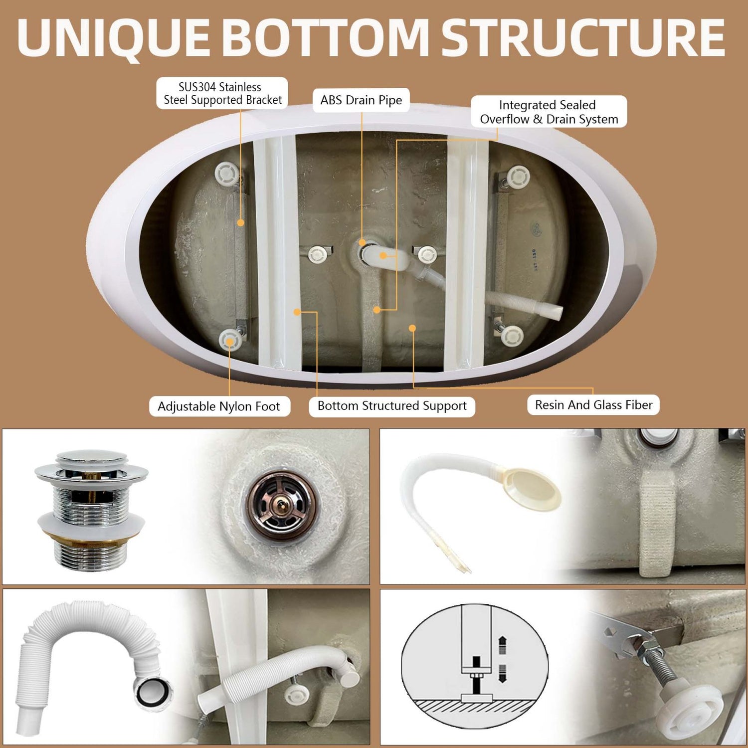 65&quot; Acrylic Reclining Slipper Tub Bottom Detail