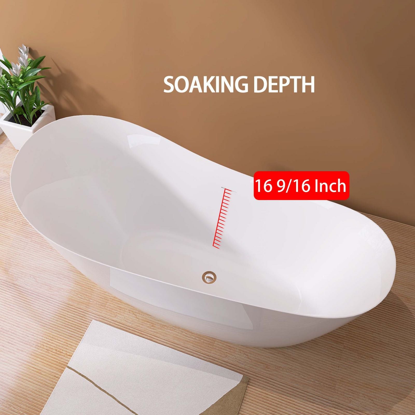 Schematic diagram of soaking depth for a 65&quot; acrylic reclining slipper tub