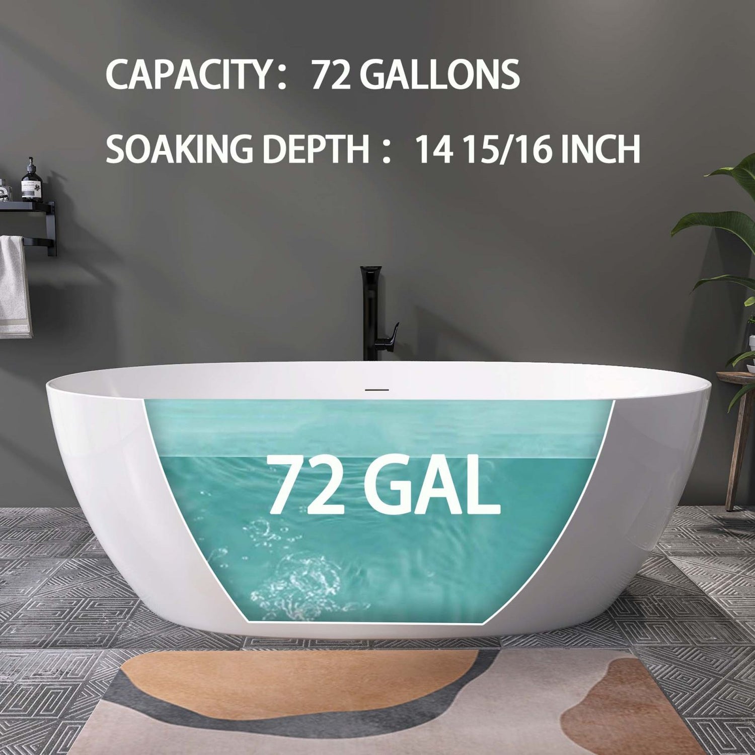 Water capacity diagram for 67&quot; glossy white oval acrylic freestanding bathtub