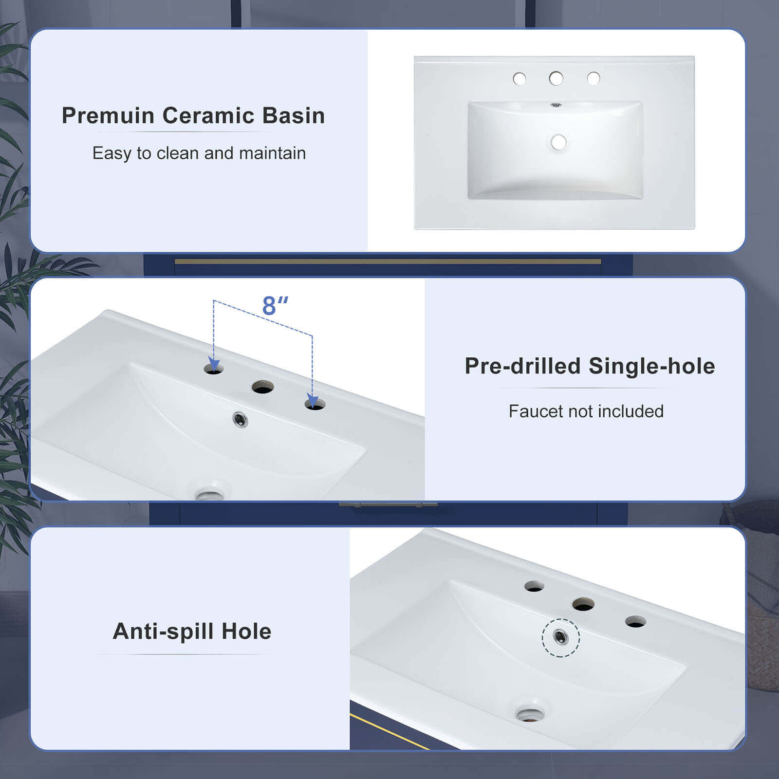 illustrate of Seamless Ceramic Basin Design on Navy Blue Vanity