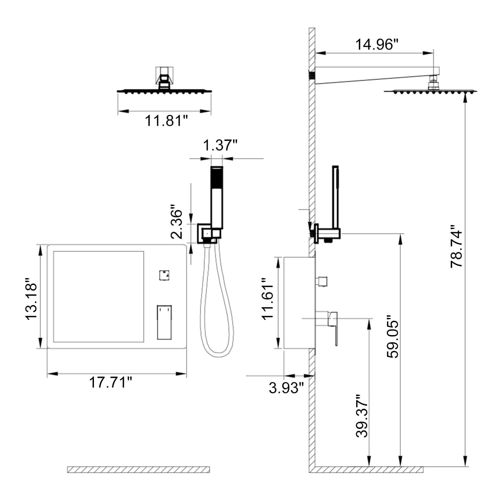 12&quot; Rain Head Shower System with Shower Niche and Handheld, Wall Mount