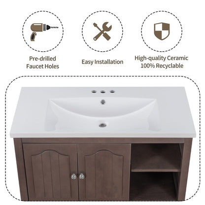 Giving Tree 36&quot; Single Bathroom Vanity Top with White Basin, 3-Faucet Holes, Ceramic