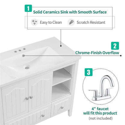 Giving Tree 36&quot; Single Bathroom Vanity Top with White Basin, 3-Faucet Holes, Ceramic, White