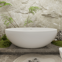 67'' Solid Surface Stone Resin Oval-shaped Matte White Freestanding Soaking Bathtub with Overflow